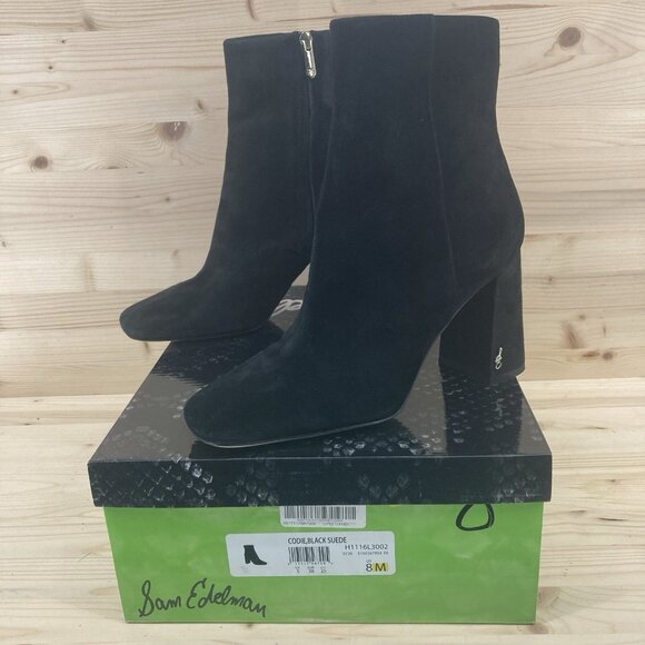 Sam Edelman Womens Codie Ankle Boots Sz 8 Black Leather Suede Block Heel Square - Picture 1 of 16